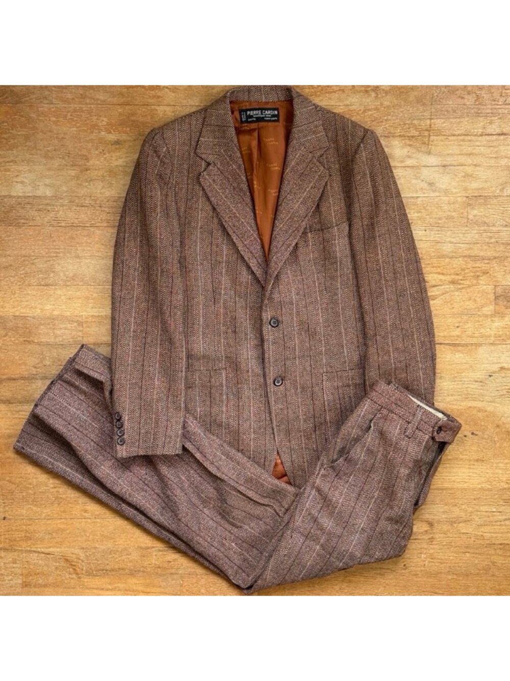 Vintage Mens Pierre Cardin Suit Set Size 36R Blazer 30x32 Pants 60s Chevron Wool